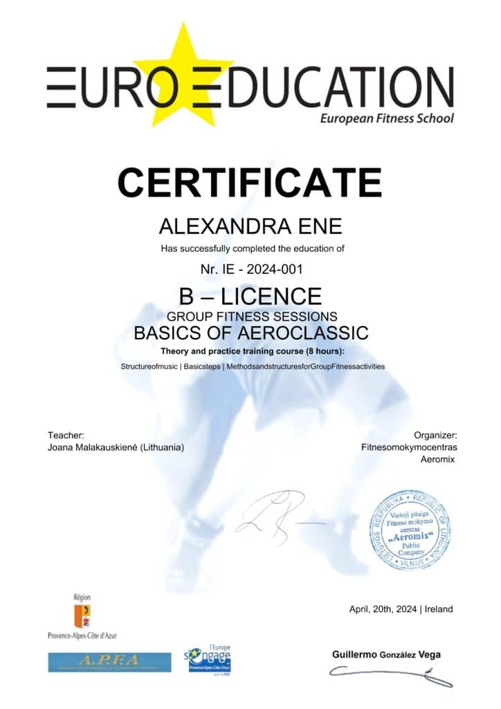 Euro Education fitness certificate, B Licence Aeroclassic.