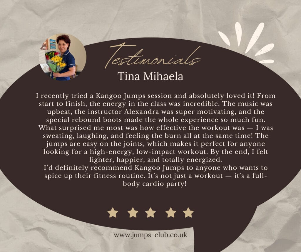 Testimonial praising Kangoo Jumps session and instructor.