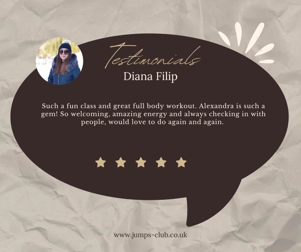 Fitness class testimonial with five-star rating, jumps-club.co.uk.