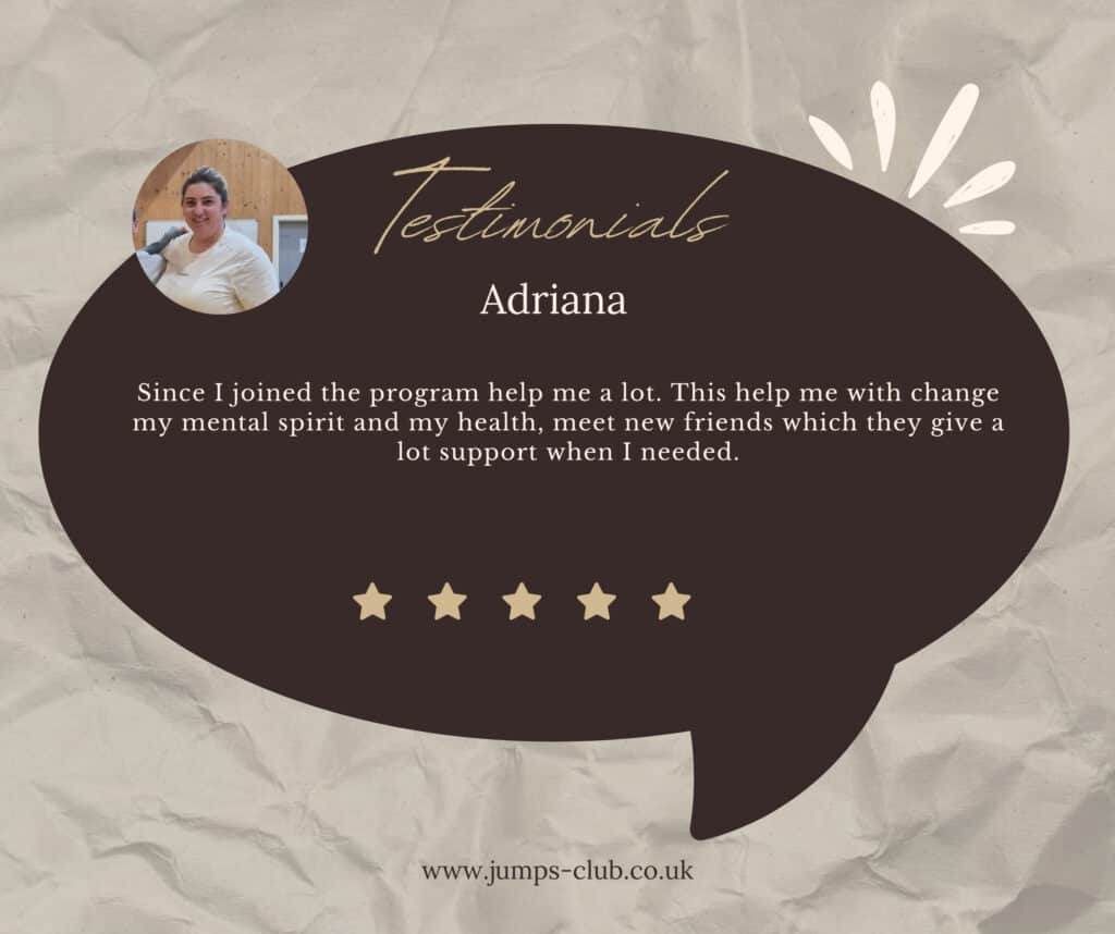 Testimonial praising health and social benefits of program.