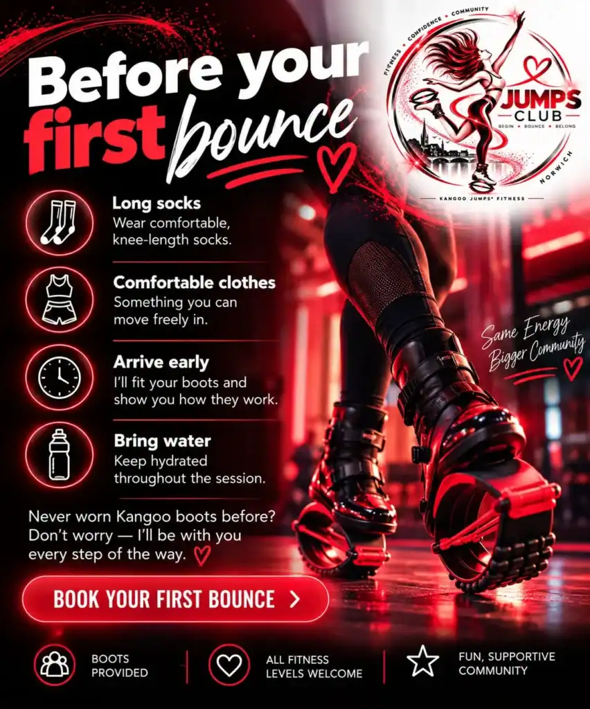 Before your first bounce: wear knee-length socks and comfortable clothes, arrive early so your boots can be fitted, and bring water