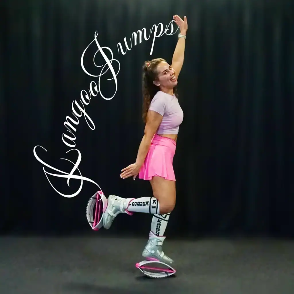 Kangoo Jumps instructor bouncing in pink rebound boots under "Kangoo Jumps" lettering